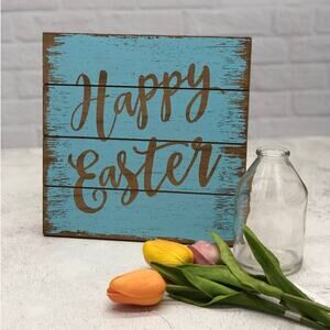 Happy Easter Bundle Blue Easel Sign Glass Bud Vase & Set of 3 Faux Tulips New